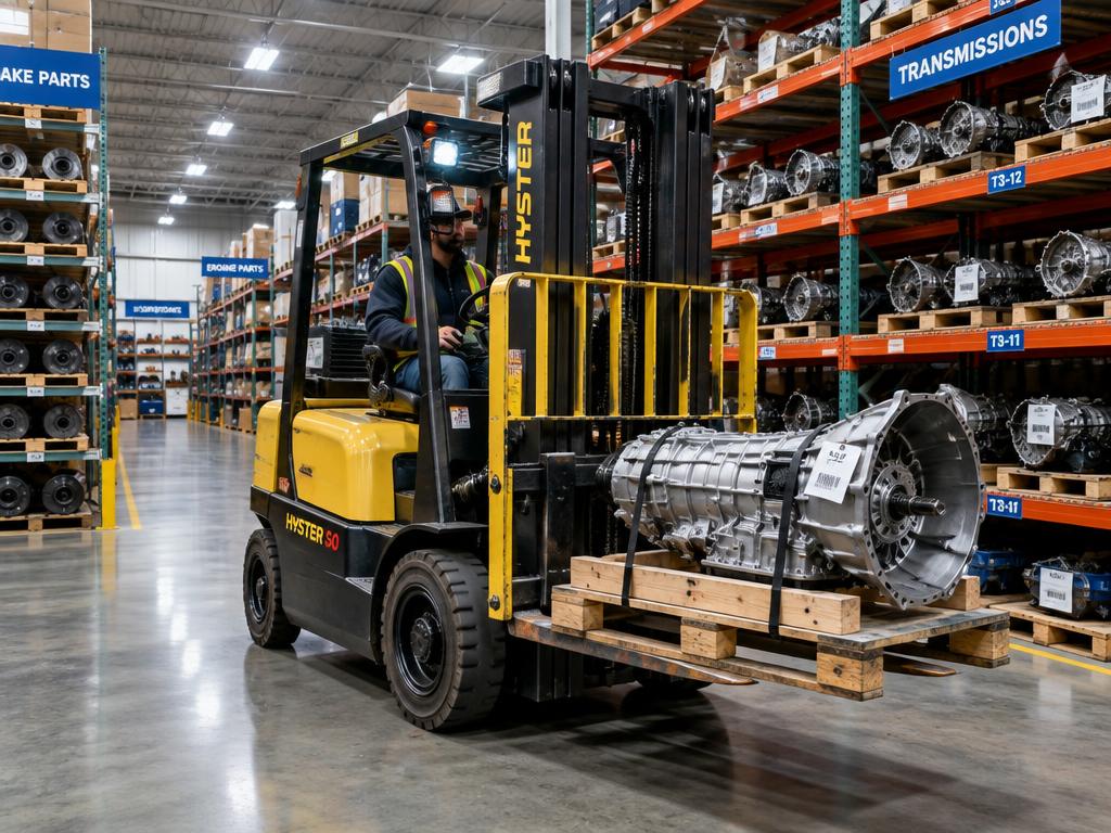 Forklift carrying a transmission through an auto parts warehouse