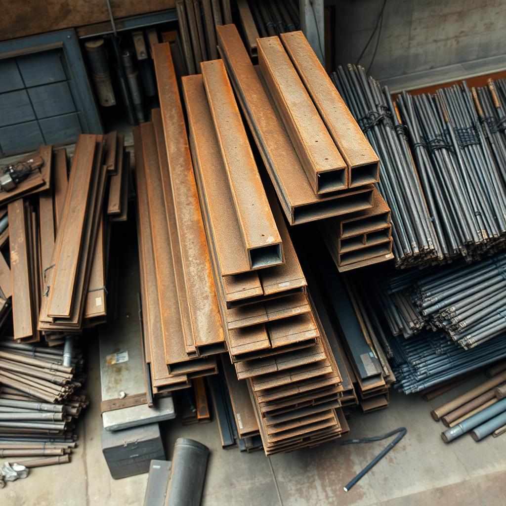 Overhead view of stacked steel beams and scrap metal