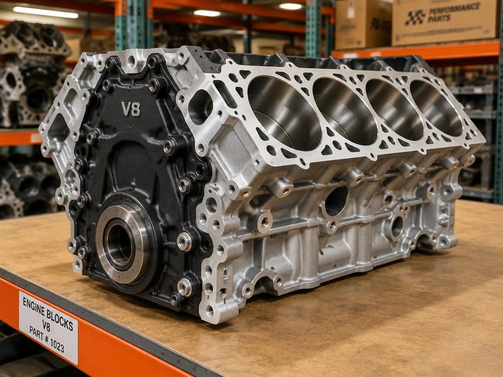 V8 engine block on an auto parts shelf